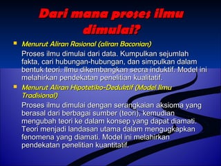 DDaarrii mmaannaa pprroosseess iillmmuu 
ddiimmuullaaii?? 
 MMeennuurruutt AAlliirraann RRaassiioonnaall ((aalliirraann BBaaccoonniiaann)) 
PPrroosseess iillmmuu ddiimmuullaaii ddaarrii ddaattaa.. KKuummppuullkkaann sseejjuummllaahh 
ffaakkttaa,, ccaarrii hhuubbuunnggaann--hhuubbuunnggaann,, ddaann ssiimmppuullkkaann ddaallaamm 
bbeennttuukk tteeoorrii.. IIllmmuu ddiikkeemmbbaannggkkaann sseeccrraa iinndduukkttiiff.. MMooddeell iinnii 
mmeellaahhiirrkkaann ppeennddeekkaattaann ppeenneelliittiiaann kkuuaalliittaattiiff.. 
 MMeennuurruutt AAlliirraann HHiippootteettiikkoo--DDeedduukkttiiff ((MMooddeell IIllmmuu 
TTrraaddiissiioonnaall)) 
PPrroosseess iillmmuu ddiimmuullaaii ddeennggaann sseerraannggkkaaiiaann aakkssiioommaa yyaanngg 
bbeerraassaall ddaarrii bbeerrbbaaggaaii ssuummbbeerr ((tteeoorrii)),, kkeemmuuddiiaann 
mmeenngguubbaahh tteeoorrii kkee ddaallaamm kkoonnsseepp yyaanngg ddaappaatt ddiiaammaattii.. 
TTeeoorrii mmeennjjaaddii llaannddaassaann uuttaammaa ddaallaamm mmeenngguuggkkaappkkaann 
ffeennoommeennaa yyaanngg ddiiaammaattii.. MMooddeell iinnii mmeellaahhiirrkkaann 
ppeennddeekkaattaann ppeenneelliittiiaann kkuuaannttiittaattiiff.. 
 