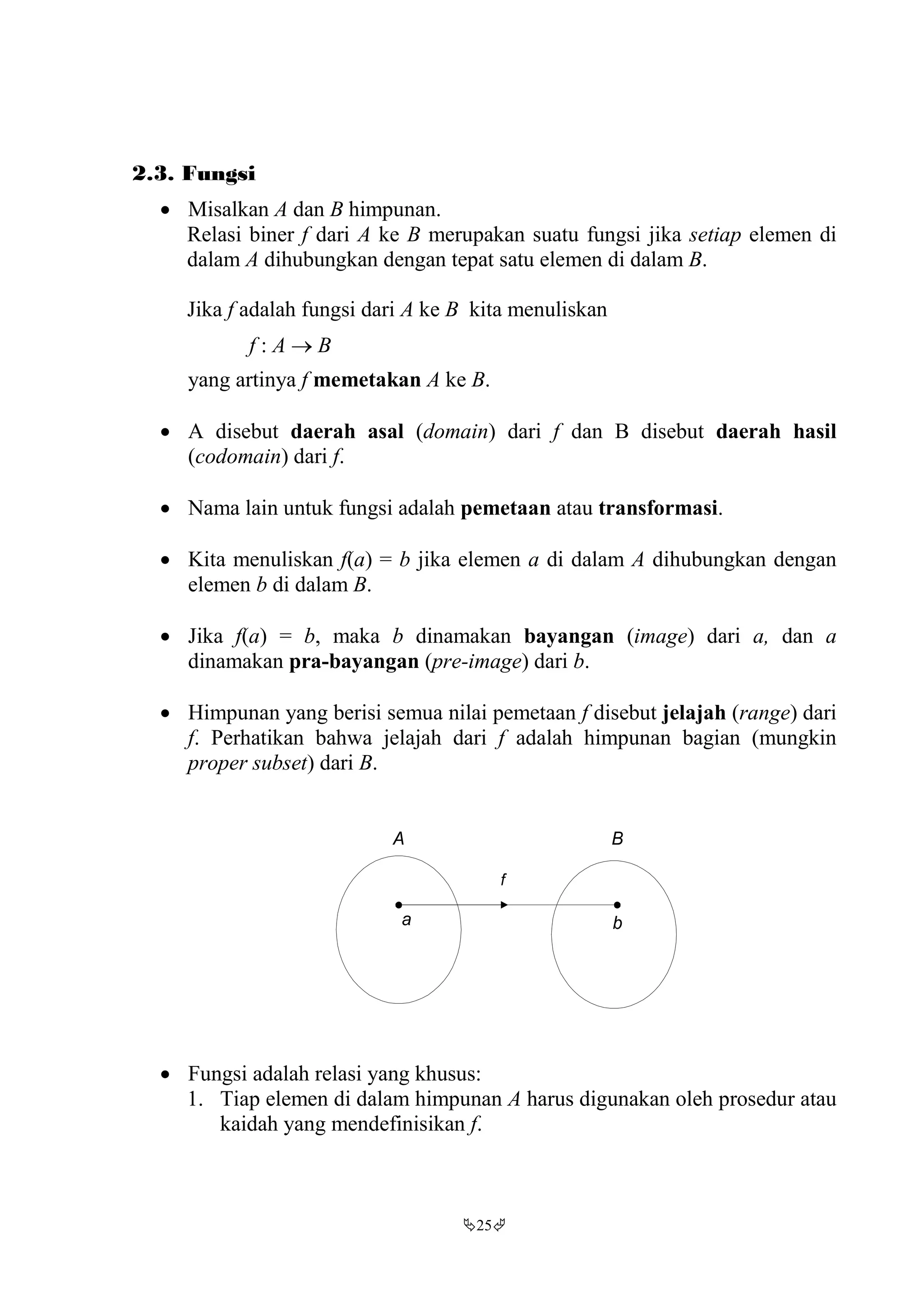 25
2.3. Fungsi
 Misalkan A dan B himpunan.
Relasi biner f dari A ke B merupakan suatu fungsi jika setiap elemen di
dalam A dihubungkan dengan tepat satu elemen di dalam B.
Jika f adalah fungsi dari A ke B kita menuliskan
f : A  B
yang artinya f memetakan A ke B.
 A disebut daerah asal (domain) dari f dan B disebut daerah hasil
(codomain) dari f.
 Nama lain untuk fungsi adalah pemetaan atau transformasi.
 Kita menuliskan f(a) = b jika elemen a di dalam A dihubungkan dengan
elemen b di dalam B.
 Jika f(a) = b, maka b dinamakan bayangan (image) dari a, dan a
dinamakan pra-bayangan (pre-image) dari b.
 Himpunan yang berisi semua nilai pemetaan f disebut jelajah (range) dari
f. Perhatikan bahwa jelajah dari f adalah himpunan bagian (mungkin
proper subset) dari B.
 Fungsi adalah relasi yang khusus:
1. Tiap elemen di dalam himpunan A harus digunakan oleh prosedur atau
kaidah yang mendefinisikan f.
a b
A B
f
 