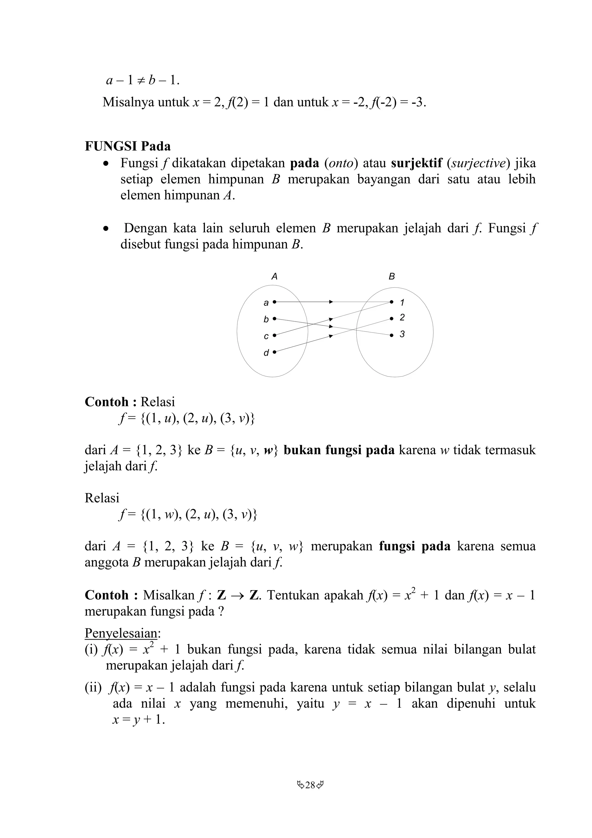 28
a – 1  b – 1.
Misalnya untuk x = 2, f(2) = 1 dan untuk x = -2, f(-2) = -3.
FUNGSI Pada
 Fungsi f dikatakan dipetakan pada (onto) atau surjektif (surjective) jika
setiap elemen himpunan B merupakan bayangan dari satu atau lebih
elemen himpunan A.
 Dengan kata lain seluruh elemen B merupakan jelajah dari f. Fungsi f
disebut fungsi pada himpunan B.
Contoh : Relasi
f = {(1, u), (2, u), (3, v)}
dari A = {1, 2, 3} ke B = {u, v, w} bukan fungsi pada karena w tidak termasuk
jelajah dari f.
Relasi
f = {(1, w), (2, u), (3, v)}
dari A = {1, 2, 3} ke B = {u, v, w} merupakan fungsi pada karena semua
anggota B merupakan jelajah dari f.
Contoh : Misalkan f : Z  Z. Tentukan apakah f(x) = x2
+ 1 dan f(x) = x – 1
merupakan fungsi pada ?
Penyelesaian:
(i) f(x) = x2
+ 1 bukan fungsi pada, karena tidak semua nilai bilangan bulat
merupakan jelajah dari f.
(ii) f(x) = x – 1 adalah fungsi pada karena untuk setiap bilangan bulat y, selalu
ada nilai x yang memenuhi, yaitu y = x – 1 akan dipenuhi untuk
x = y + 1.
a 1
A B
2
3
b
c
d
 