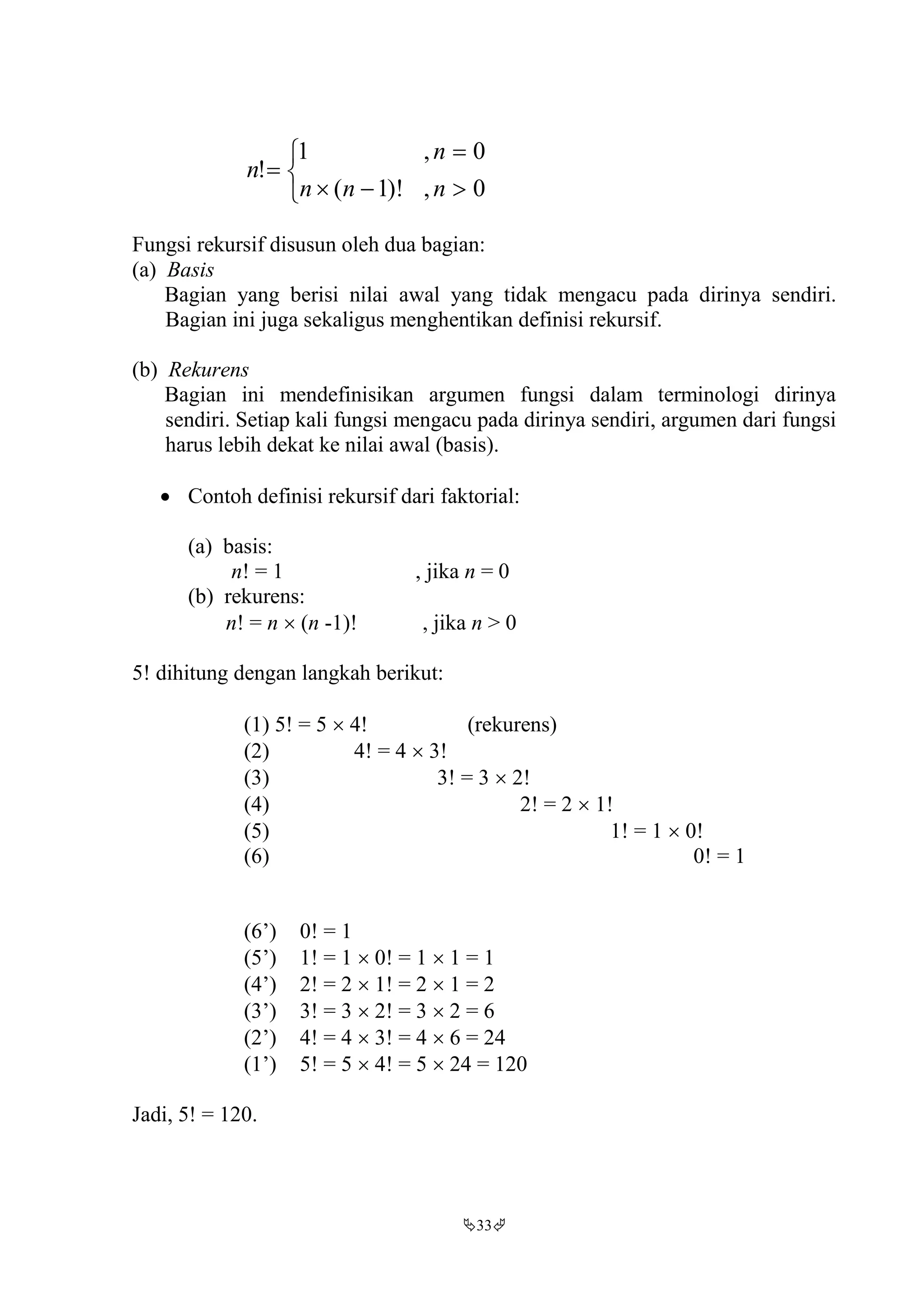 33






0,)!1(
0,1
!
nnn
n
n
Fungsi rekursif disusun oleh dua bagian:
(a) Basis
Bagian yang berisi nilai awal yang tidak mengacu pada dirinya sendiri.
Bagian ini juga sekaligus menghentikan definisi rekursif.
(b) Rekurens
Bagian ini mendefinisikan argumen fungsi dalam terminologi dirinya
sendiri. Setiap kali fungsi mengacu pada dirinya sendiri, argumen dari fungsi
harus lebih dekat ke nilai awal (basis).
 Contoh definisi rekursif dari faktorial:
(a) basis:
n! = 1 , jika n = 0
(b) rekurens:
n! = n  (n -1)! , jika n > 0
5! dihitung dengan langkah berikut:
(1) 5! = 5  4! (rekurens)
(2) 4! = 4  3!
(3) 3! = 3  2!
(4) 2! = 2  1!
(5) 1! = 1  0!
(6) 0! = 1
(6’) 0! = 1
(5’) 1! = 1  0! = 1  1 = 1
(4’) 2! = 2  1! = 2  1 = 2
(3’) 3! = 3  2! = 3  2 = 6
(2’) 4! = 4  3! = 4  6 = 24
(1’) 5! = 5  4! = 5  24 = 120
Jadi, 5! = 120.
 