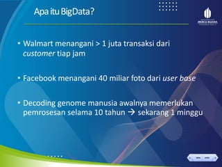 < >
MENU AKHIRI
← →
MENU AKHIRI
ApaituBigData?
• Walmart menangani > 1 juta transaksi dari
customer tiap jam
• Facebook menangani 40 miliar foto dari user base
• Decoding genome manusia awalnya memerlukan
pemrosesan selama 10 tahun → sekarang 1 minggu
 