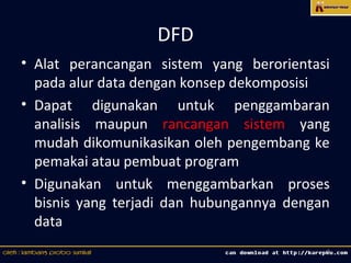 DFD
• Alat perancangan sistem yang berorientasi
  pada alur data dengan konsep dekomposisi
• Dapat digunakan untuk penggambaran
  analisis maupun rancangan sistem yang
  mudah dikomunikasikan oleh pengembang ke
  pemakai atau pembuat program
• Digunakan untuk menggambarkan proses
  bisnis yang terjadi dan hubungannya dengan
  data
                                           3
 