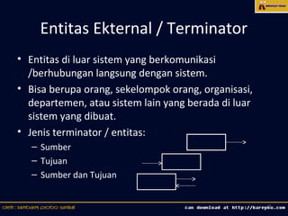Entitas Ekternal / Terminator
• Entitas di luar sistem yang berkomunikasi
  /berhubungan langsung dengan sistem.
• Bisa berupa orang, sekelompok orang, organisasi,
  departemen, atau sistem lain yang berada di luar
  sistem yang dibuat.
• Jenis terminator / entitas:
   – Sumber
   – Tujuan
   – Sumber dan Tujuan


                                                     7
 