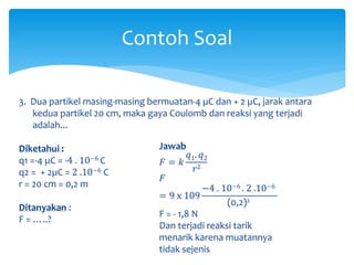 Contoh Soal
3. Dua partikel masing-masing bermuatan-4 µC dan + 2 µC, jarak antara
kedua partikel 20 cm, maka gaya Coulomb dan reaksi yang terjadi
adalah...
Diketahui :
q1 =-4 µC = -4 . 10−6 C
q2 = + 2µC = 2 .10−6 C
r = 20 cm = 0,2 m
Ditanyakan :
F = …..?
Jawab
𝐹 = 𝑘
𝑞1. 𝑞2
𝑟2
𝐹
= 9 x 109
−4 . 10−6 . 2 .10−6
(0,2)2
F = - 1,8 N
Dan terjadi reaksi tarik
menarik karena muatannya
tidak sejenis
 
