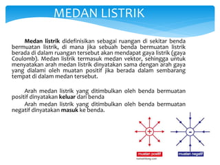 Medan listrik didefinisikan sebagai ruangan di sekitar benda
bermuatan listrik, di mana jika sebuah benda bermuatan listrik
berada di dalam ruangan tersebut akan mendapat gaya listrik (gaya
Coulomb). Medan listrik termasuk medan vektor, sehingga untuk
menyatakan arah medan listrik dinyatakan sama dengan arah gaya
yang dialami oleh muatan positif jika berada dalam sembarang
tempat di dalam medan tersebut.
Arah medan listrik yang ditimbulkan oleh benda bermuatan
positif dinyatakan keluar dari benda
Arah medan listrik yang ditimbulkan oleh benda bermuatan
negatif dinyatakan masuk ke benda.
MEDAN LISTRIK
 
