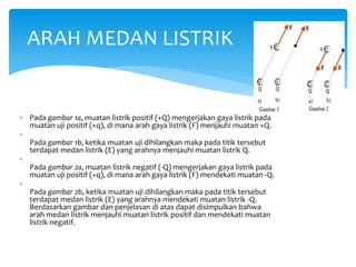  Pada gambar 1a, muatan listrik positif (+Q) mengerjakan gaya listrik pada
muatan uji positif (+q), di mana arah gaya listrik (F) menjauhi muatan +Q.

Pada gambar 1b, ketika muatan uji dihilangkan maka pada titik tersebut
terdapat medan listrik (E) yang arahnya menjauhi muatan listrik Q.

Pada gambar 2a, muatan listrik negatif (-Q) mengerjakan gaya listrik pada
muatan uji positif (+q), di mana arah gaya listrik (F) mendekati muatan -Q.

Pada gambar 2b, ketika muatan uji dihilangkan maka pada titik tersebut
terdapat medan listrik (E) yang arahnya mendekati muatan listrik -Q.
Berdasarkan gambar dan penjelasan di atas dapat disimpulkan bahwa
arah medan listrik menjauhi muatan listrik positif dan mendekati muatan
listrik negatif.
ARAH MEDAN LISTRIK
 