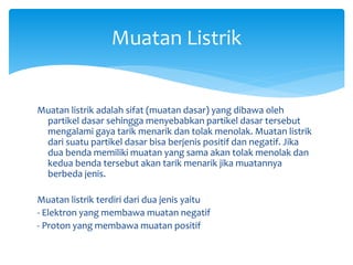Muatan Listrik
Muatan listrik adalah sifat (muatan dasar) yang dibawa oleh
partikel dasar sehingga menyebabkan partikel dasar tersebut
mengalami gaya tarik menarik dan tolak menolak. Muatan listrik
dari suatu partikel dasar bisa berjenis positif dan negatif. Jika
dua benda memiliki muatan yang sama akan tolak menolak dan
kedua benda tersebut akan tarik menarik jika muatannya
berbeda jenis.
Muatan listrik terdiri dari dua jenis yaitu
- Elektron yang membawa muatan negatif
- Proton yang membawa muatan positif
 