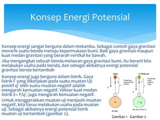Konsep energi sangat berguna dalam mekanika. Sebagai contoh gaya gravitasi
menarik suatu benda menuju kepermukaan bumi. Baik gaya gravitasi maupun
kuat medan gravitasi yang berarah vertikal ke bawah.
Jika mengangkat sebuah benda melawan gaya gravitasi bumi, itu berarti kita
melakukan usaha pada benda, dan sebagai akibatnya energi potensial
gravitasi benda bertambah
Konsep Energi Potensial
Gambar 1 Gambar 2
Konsep energi juga berguna dalam listrik. Gaya
listrik F yang dikerjakan pada suatu muatan Uji
positif q’ oleh suatu muatan negatif adalah
mengarah kemuatan negatif. Vektor kuat medan
listrik E= F/q’, juga mengarah kemuatan negatif.
Untuk menggerakkan muatan uji menjauhi muatan
negatif, kita harus melakukan usaha pada muatan
uji. Sebagai akibatnya energi potensial listrik
muatan uji bertambah (gambar 2).
 