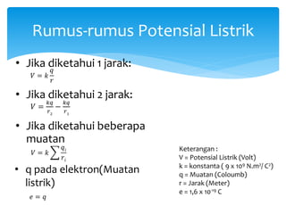 Rumus-rumus Potensial Listrik
𝑉 =
𝑘𝑞
𝑟2
−
𝑘𝑞
𝑟1
𝑉 = 𝑘
𝑞
𝑟
𝑉 = 𝑘
𝑞𝑖
𝑟𝑖
Keterangan :
V = Potensial Listrik (Volt)
k = konstanta ( 9 x 109 N.m2/ C2)
q = Muatan (Coloumb)
r = Jarak (Meter)
e = 1,6 x 10-19 C
• q pada elektron(Muatan
listrik)
𝑒 = 𝑞
• Jika diketahui 1 jarak:
• Jika diketahui 2 jarak:
• Jika diketahui beberapa
muatan
 