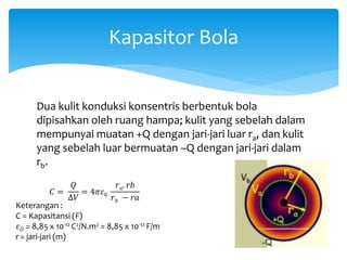 Kapasitor Bola
Dua kulit konduksi konsentris berbentuk bola
dipisahkan oleh ruang hampa; kulit yang sebelah dalam
mempunyai muatan +Q dengan jari-jari luar ra, dan kulit
yang sebelah luar bermuatan –Q dengan jari-jari dalam
rb.
𝐶 =
𝑄
∆𝑉
= 4𝜋𝜀0
𝑟 𝑎. 𝑟𝑏
𝑟 𝑏 − 𝑟𝑎
Keterangan :
C = Kapasitansi (F)
𝜀 𝑂 = 8,85 x 10-12 C2/N.m2 = 8,85 x 10-12 F/m
r= jari-jari (m)
 