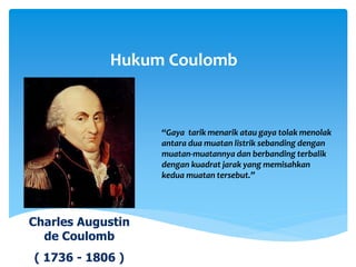 Hukum Coulomb
Charles Augustin
de Coulomb
( 1736 - 1806 )
“Gaya tarik menarik atau gaya tolak menolak
antara dua muatan listrik sebanding dengan
muatan-muatannya dan berbanding terbalik
dengan kuadrat jarak yang memisahkan
kedua muatan tersebut.”
 