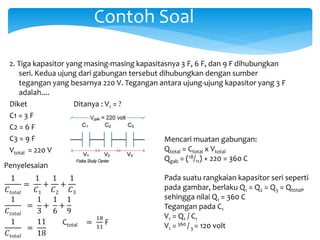 Contoh Soal
2. Tiga kapasitor yang masing-masing kapasitasnya 3 F, 6 F, dan 9 F dihubungkan
seri. Kedua ujung dari gabungan tersebut dihubungkan dengan sumber
tegangan yang besarnya 220 V. Tegangan antara ujung-ujung kapasitor yang 3 F
adalah....
Diket Ditanya : V1 = ?
C1 = 3 F
C2 = 6 F
C3 = 9 F
Vtotal = 220 V
Ctotal =
18
11
F
Penyelesaian
Mencari muatan gabungan:
Qtotal = Ctotal x Vtotal
Qgab = (18/11) × 220 = 360 C
Pada suatu rangkaian kapasitor seri seperti
pada gambar, berlaku Q1 = Q2 = Q3 = Qtotal,
sehingga nilai Q1 = 360 C
Tegangan pada C1
V1 = Q1 / C1
V1 =360 /3 = 120 volt
1
𝐶𝑡𝑜𝑡𝑎𝑙
=
1
𝐶1
+
1
𝐶2
+
1
𝐶3
1
𝐶𝑡𝑜𝑡𝑎𝑙
=
1
3
+
1
6
+
1
9
1
𝐶𝑡𝑜𝑡𝑎𝑙
=
11
18
 