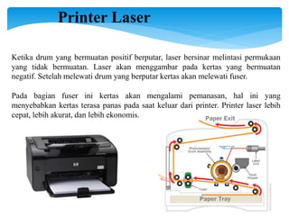 Printer Laser
Ketika drum yang bermuatan positif berputar, laser bersinar melintasi permukaan
yang tidak bermuatan. Laser akan menggambar pada kertas yang bermuatan
negatif. Setelah melewati drum yang berputar kertas akan melewati fuser.
Pada bagian fuser ini kertas akan mengalami pemanasan, hal ini yang
menyebabkan kertas terasa panas pada saat keluar dari printer. Printer laser lebih
cepat, lebih akurat, dan lebih ekonomis.
 