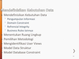 » Mendefinisikan Kebutuhan Data
    ˃   Pengumpulan Informasi
    ˃   Domain Constraint
    ˃   Refrensial Integrity
    ˃   Business Rules lainnya
»   Menentukan Ruang Lingkup
»   Pemilihan Metodologi
»   Mengidentifikasi User Views
»   Model Data Struktur
»   Model Database Constraint
                                  11
 
