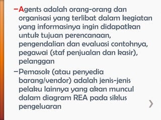 – Agents adalah orang-orang dan
  organisasi yang terlibat dalam kegiatan
  yang informasinya ingin didapatkan
  untuk tujuan perencanaan,
  pengendalian dan evaluasi contohnya,
  pegawai (staf penjualan dan kasir),
  pelanggan
– Pemasok (atau penyedia
  barang/vendor) adalah jenis-jenis
  pelaku lainnya yang akan muncul
  dalam diagram REA pada siklus
  pengeluaran
 
