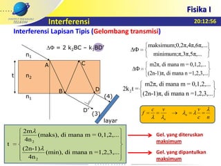 20:12:56
Fisika I
Interferensi
maksimum;0,2π,4π,6π,...
minimum;π,3π,5π,...
t n2
n1
n1
A
B
(3)
(4)
C
layar
D
D’
m2π, di mana m = 0,1,2,...
(2n-1)π, di mana n =1,2,3,...
Interferensi Lapisan Tipis (Gelombang transmisi)
= 2 k2BC – k1BD’
2
m2π, di mana m = 0,1,2,...
2k t =
(2n-1)π, di mana n =1,2,3,...
2
2
2m
(maks), di mana m = 0,1,2,...
4n
t
(2n-1)
(min), di mana n =1,2,3,...
4n
nc
vvc
f n
n
Gel. yang diteruskan
maksimum
Gel. yang dipantulkan
maksimum
 