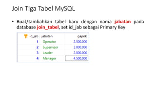 Join Tiga Tabel MySQL
• Buat/tambahkan tabel baru dengan nama jabatan pada
database join_tabel, set id_jab sebagai Primary Key
 