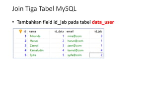 Join Tiga Tabel MySQL
• Tambahkan field id_jab pada tabel data_user
 