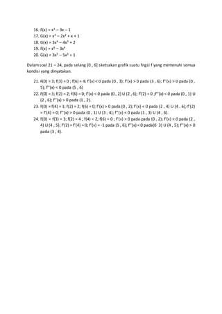16. F(x) = x3 – 3x – 1
17. G(x) = x3 – 2x2 + x + 1
18. G(x) = 3x4 – 4x3 + 2
19. F(x) = x6 – 3x4
20. G(x) = 3x5 – 5x3 + 1
Dalamsoal 21 – 24, pada selang [0 , 6] sketsakan grafik suatu fngsi f yang memenuhi semua
kondisi yang dinyatakan.
21. F(0) = 3; f(3) = 0 ; f(6) = 4; f’(x) < 0 pada (0 , 3); f’(x) > 0 pada (3 , 6); f’’(x) > 0 pada (0 ,
5); f’’(x) < 0 pada (5 , 6)
22. F(0) = 3; f(2) = 2; f(6) = 0; f’(x) < 0 pada (0 , 2) U (2 , 6); f’(2) = 0 ;f’’(x) < 0 pada (0 , 1) U
(2 , 6); f’’(x) > 0 pada (1 , 2).
23. F(0) = f(4) = 1; f(2) = 2; f(6) = 0; f’(x) > 0 pada (0 , 2); f’(x) < 0 pada (2 , 4) U (4 , 6); f’(2)
= f’(4) = 0; f’’(x) > 0 pada (0 , 1) U (3 , 4); f’’(x) < 0 pada (1 , 3) U (4 , 6).
24. F(0) = f(3) = 3; f(2) = 4 ; f(4) = 2; f(6) = 0 ; f’(x) > 0 pada pada (0 , 2); f’(x) < 0 pada (2 ,
4) U (4 , 5); f’(2) = f’(4) = 0; f’(x) = -1 pada (5 , 6); f’’(x) < 0 pada(0 3) U (4 , 5); f’’(x) > 0
pada (3 , 4).
 