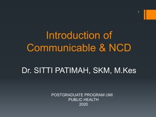 Introduction of
Communicable & NCD
Dr. SITTI PATIMAH, SKM, M.Kes
1
POSTGRADUATE PROGRAM UMI
PUBLIC HEALTH
2020
 