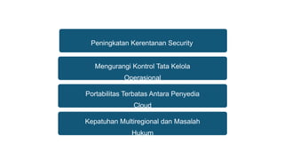 Peningkatan Kerentanan Security
Mengurangi Kontrol Tata Kelola
Operasional
Portabilitas Terbatas Antara Penyedia
Cloud
Kepatuhan Multiregional dan Masalah
Hukum
 