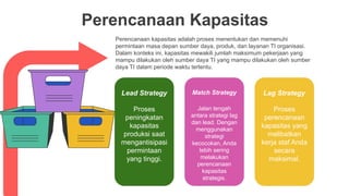Perencanaan Kapasitas
Perencanaan kapasitas adalah proses menentukan dan memenuhi
permintaan masa depan sumber daya, produk, dan layanan TI organisasi.
Dalam konteks ini, kapasitas mewakili jumlah maksimum pekerjaan yang
mampu dilakukan oleh sumber daya TI yang mampu dilakukan oleh sumber
daya TI dalam periode waktu tertentu.
Proses
peningkatan
kapasitas
produksi saat
mengantisipasi
permintaan
yang tinggi.
Lead Strategy
Jalan tengah
antara strategi lag
dan lead. Dengan
menggunakan
strategi
kecocokan, Anda
lebih sering
melakukan
perencanaan
kapasitas
strategis.
Match Strategy
Proses
perencanaan
kapasitas yang
melibatkan
kerja staf Anda
secara
maksimal.
Lag Strategy
 