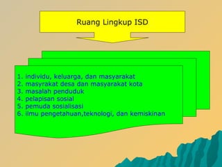 Ruang Lingkup ISD
1. individu, keluarga, dan masyarakat
2. masyrakat desa dan masyarakat kota
3. masalah penduduk
4. pelapisan sosial
5. pemuda sosialisasi
6. ilmu pengetahuan,teknologi, dan kemiskinan
 