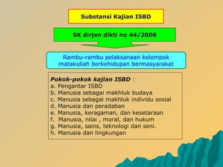 SK dirjen dikti no 44/2006
Substansi Kajian ISBD
Rambu-rambu pelaksanaan kelompok
matakuliah berkehidupan bermasyarakat
Pokok-pokok kajian ISBD :
a. Pengantar ISBD
b. Manusia sebagai makhluk budaya
c. Manusia sebagai makhluk individu sosial
d. Manusia dan peradaban
e. Manusia, keragaman, dan kesetaraan
f. Manusia, nilai , moral, dan hukum
g. Manusia, sains, teknologi dan seni.
h. Manusia dan lingkungan
 