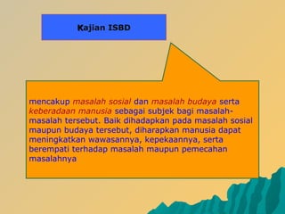 mencakup masalah sosial dan masalah budaya serta
keberadaan manusia sebagai subjek bagi masalah-
masalah tersebut. Baik dihadapkan pada masalah sosial
maupun budaya tersebut, diharapkan manusia dapat
meningkatkan wawasannya, kepekaannya, serta
berempati terhadap masalah maupun pemecahan
masalahnya
KKajian ISBD
 