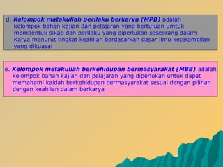 d. Kelompok matakuliah perilaku berkarya (MPB) adalah
kelompok bahan kajian dan pelajaran yang bertujuan umtuk
membentuk sikap dan perilaku yang diperlukan seseorang dalam
Karya menurut tingkat keahlian berdasarkan dasar ilmu keterampilan
yang dikuasai
e. Kelompok metakuliah berkehidupan bermasyarakat (MBB) adalah
kelompok bahan kajian dan pelajaran yang diperlukan untuk dapat
memahami kaidah berkehidupan bermasyarakat sesuai dengan pilihan
dengan keahlian dalam berkarya
 