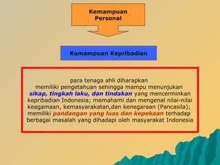 Kemampuan
Personal
para tenaga ahli diharapkan
memiliki pengetahuan sehingga mampu menunjukan
sikap, tingkah laku, dan tindakan yang mencerminkan
kepribadian Indonesia; memahami dan mengenal nilai-nilai
keagamaan, kemasyarakatan,dan kenegaraan (Pancasila);
memiliki pandangan yang luas dan kepekaan terhadap
berbagai masalah yang dihadapi oleh masyarakat Indonesia
Kemampuan Kepribadian
 