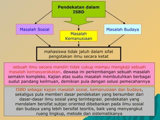 Pendekatan dalam
ISBD
Masalah Sosial Masalah Budaya
Masalah
Kemanusiaan
mahasiswa tidak jatuh dalam sifat
pengotakan ilmu secara ketat
sebuah ilmu secara mandiri tidak cukup mampu mengkaji sebuah
masalah kemasyarakatan. dewasa ini perkembangan sebuah masalah
semakin kompleks. Kajian atas suatu masalah membutuhkan berbagai
sudut pandang keilmuan, demikian pula dengan solusi pemecahannya
ISBD sebagai kajian masalah sosial, kemanusiaan dan budaya,
sekaligus pula memberi dasar pendekatan yang bersumber dari
dasar-dasar ilmu sosial yang terintegrasi. pendekatan yang
mendalam bersifat subjec oriented dibebankan pada ilmu sosial
dan budaya yang lebih bersifat teoritis, baik yang menyangkut
ruang lingkup, metode dan sistematikanya
 