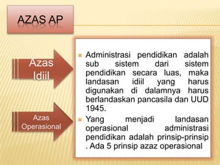 AZAS AP


             Administrasi pendidikan adalah
 Azas         sub     sistem      dari    sistem
  Idiil       pendidikan secara luas, maka
              landasan     idiil  yang     harus
              digunakan di dalamnya harus
              berlandaskan pancasila dan UUD
              1945.
             Yang        menjadi      landasan
              operasional           administrasi
              pendidikan adalah prinsip-prinsip
              . Ada 5 prinsip azaz operasional
 