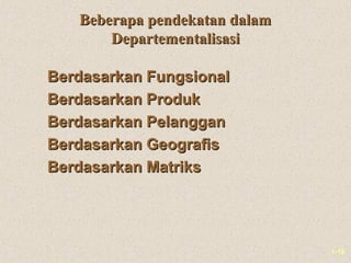 1-18
Beberapa pendekatan dalamBeberapa pendekatan dalam
DepartementalisasiDepartementalisasi
Berdasarkan FungsionalBerdasarkan Fungsional
Berdasarkan ProdukBerdasarkan Produk
Berdasarkan PelangganBerdasarkan Pelanggan
Berdasarkan GeografisBerdasarkan Geografis
Berdasarkan MatriksBerdasarkan Matriks
 