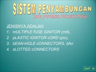 JENISNYA ADALAH:
1. mULTIPLE fUSE iGNITOR (mfi),
2. pLASTIC iGNITOR cORD (pic),
3. bEAN-HOLE cONNECTORS, dAn
4. sLOTTED cONNECTORS
OHT 19
 