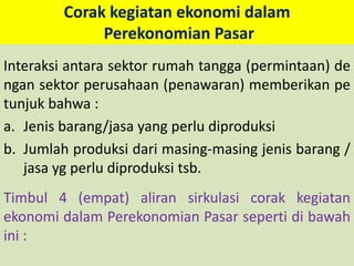 Corak kegiatan ekonomi dalam 
Perekonomian Pasar 
Interaksi antara sektor rumah tangga (permintaan) de 
ngan sektor perusahaan (penawaran) memberikan pe 
tunjuk bahwa : 
a. Jenis barang/jasa yang perlu diproduksi 
b. Jumlah produksi dari masing-masing jenis barang / 
jasa yg perlu diproduksi tsb. 
Timbul 4 (empat) aliran sirkulasi corak kegiatan 
ekonomi dalam Perekonomian Pasar seperti di bawah 
ini : 
 