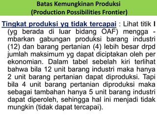 Batas Kemungkinan Produksi 
(Production Possibilities Frontier) 
Tingkat produksi yg tidak tercapai : Lihat titik I 
(yg berada di luar bidang OAF) mengga - 
mbarkan gabungan produksi barang industri 
(12) dan barang pertanian (4) lebih besar drpd 
jumlah maksimum yg dapat diciptakan oleh per 
ekonomian. Dalam tabel sebelah kiri terlihat 
bahwa bila 12 unit barang industri maka hanya 
2 unit barang pertanian dapat diproduksi. Tapi 
bila 4 unit barang pertanian diproduksi maka 
sebagai tambahan hanya 5 unit barang industri 
dapat diperoleh, sehingga hal ini menjadi tidak 
mungkin (tidak dapat tercapai). 
 