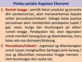 Pelaku-pelaku Kegiatan Ekonomi 
1. Rumah tangga : pemilik faktor produksi yg tersedia 
dlm perekonomian, akan menawarkannya kepada 
sektor perusahaan/industri. Sebagai balas jasanya 
perusahaan akan memberikan pendapatan (upah / 
gaji, sewa, bunga dan keuntungan) pd sektor 
rumah tangga. Pendapatan tsb. akan digunakan 
untuk membeli barang/jasa yg diperlukannya, baru 
kalau ada sisa disimpan/ditabung. 
2. Perusahaan/industri : organisasi yg dikembangkan 
untuk tujuan menghasilkan berbagai jenis barang / 
jasa yg dibutuhkan masyarakat hingga memper - 
oleh keuntungan dari usaha tsb. 
 