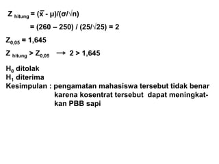 _
Z hitung = (x - μ)/(σ/√n)
= (260 – 250) / (25/√25) = 2
Z0,05 = 1,645
Z hitung > Z0,05 2 > 1,645
H0 ditolak
H1 diterima
Kesimpulan : pengamatan mahasiswa tersebut tidak benar
karena kosentrat tersebut dapat meningkat-
kan PBB sapi
 