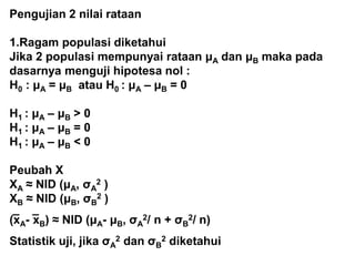 Pengujian 2 nilai rataan
1.Ragam populasi diketahui
Jika 2 populasi mempunyai rataan μA dan μB maka pada
dasarnya menguji hipotesa nol :
H0 : μA = μB atau H0 : μA – μB = 0
H1 : μA – μB > 0
H1 : μA – μB = 0
H1 : μA – μB < 0
Peubah X
XA ≈ NID (μA, σA
2 )
XB ≈ NID (μB, σB
2 )
_ _
(xA- xB) ≈ NID (μA- μB, σA
2/ n + σB
2/ n)
Statistik uji, jika σA
2 dan σB
2 diketahui
 