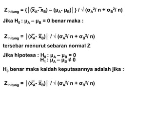 _ _
Z hitung = {│(xA- xB) – (μA- μB)│} / √ (σA
2/ n + σB
2/ n)
Jika H0 : μA – μB = 0 benar maka :
_ _
Z hitung = │(xA- xB)│ / √ (σA
2/ n + σB
2/ n)
tersebar menurut sebaran normal Z
Jika hipotesa : H0 : μA – μB = 0
H1 : μA – μB ≠ 0
H0 benar maka kaidah keputasannya adalah jika :
_ _
Z hitung = │(xA- xB)│ / √ (σA
2/ n + σB
2/ n)
 