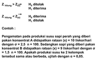 Z hitung > Z(α) H0 ditolak
H1 diterima
Z hitung < Z(α) H0 diterima
H1 ditolak
Contoh :
Pengamatan pada produksi susu sapi perah yang diberi
pakan konsentrat A didapatkan rataan (x) = 10 l/ekor/hari
dengan σ = 2,5 n = 100. Sedangkan sapi yang diberi pakan
konsentrat B didapatkan rataan (x) = 9 l/ekor/hari dengan σ
= 1,5 n = 100. Apakah produksi susu ke 2 kelompok
tersebut sama atau berbeda, ujilah dengan α = 0,05.
 
