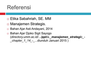 Referensi
 Etika Sabahriah, SE. MM
 Manajemen Strategis.
 Bahan Ajar Asti Andayani, 2014
 Bahan Ajar Djoko Sigit Sayogo
(directory.umm.ac.id/.../ppt/a._manajemen_strategic_-
_chapter_1_14_-_...diunduh Januari 2015 )
 