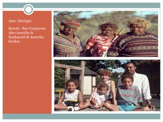 Atas: Aborigin

Bawah : Ras Campuran
Afro Amerika &
Kaukasoid di Amerika
Serikat




                       Manusia di Berbagai Dunia
 