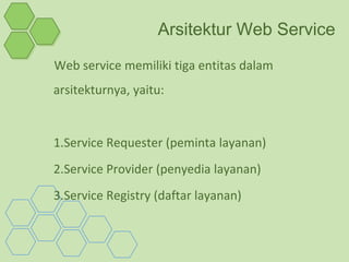 Arsitektur Web Service
Web service memiliki tiga entitas dalam
arsitekturnya, yaitu:


1.Service Requester (peminta layanan)
2.Service Provider (penyedia layanan)
3.Service Registry (daftar layanan)
 