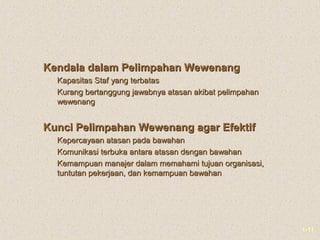 1-11
Kendala dalam Pelimpahan WewenangKendala dalam Pelimpahan Wewenang
 Kapasitas Staf yang terbatasKapasitas Staf yang terbatas
 Kurang bertanggung jawabnya atasan akibat pelimpahanKurang bertanggung jawabnya atasan akibat pelimpahan
wewenangwewenang
Kunci Pelimpahan Wewenang agar EfektifKunci Pelimpahan Wewenang agar Efektif
 Kepercayaan atasan pada bawahanKepercayaan atasan pada bawahan
 Komunikasi terbuka antara atasan dengan bawahanKomunikasi terbuka antara atasan dengan bawahan
 Kemampuan manajer dalam memahami tujuan organisasi,Kemampuan manajer dalam memahami tujuan organisasi,
tuntutan pekerjaan, dan kemampuan bawahantuntutan pekerjaan, dan kemampuan bawahan
 