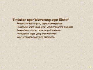 1-12
Tindakan agar Wewenang agar EfektifTindakan agar Wewenang agar Efektif
 Penentuan hal-hal yang dapat didelegasikanPenentuan hal-hal yang dapat didelegasikan
 Penentuan orang yang layak untuk menerima delegasiPenentuan orang yang layak untuk menerima delegasi
 Penyediaan sumber daya yang dibutuhkanPenyediaan sumber daya yang dibutuhkan
 Pelimpahan tugas yang akan diberikanPelimpahan tugas yang akan diberikan
 Intervensi pada saat yang diperlukanIntervensi pada saat yang diperlukan
 