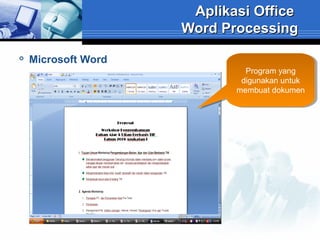 Aplikasi Office
Word Processing


Microsoft Word
Program yang
Program yang
digunakan untuk
digunakan untuk
membuat dokumen
membuat dokumen

 