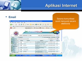 Aplikasi Internet
 Email

Sarana komunikasi
Sarana komunikasi
surat menyurat secara
surat menyurat secara
elektronis
elektronis

 