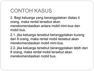 CONTOH KASUS
2. Bagi keluarga yang beranggotakan diatas 4
orang, maka rental tersebut akan
merekomendasikan antara mobil mini-bus dan
mobil bus.
2.1. jika keluarga tersebut beranggotakan kurang
dari 8 orang, maka rental mobil tersebut akan
merekomendasikan mobil mini-bus.
2.2. jika keluarga tersebut beranggotakan lebih dari
8 orang, maka rental mobil tersebut akan
merekomendasikan mobil bus.
 
